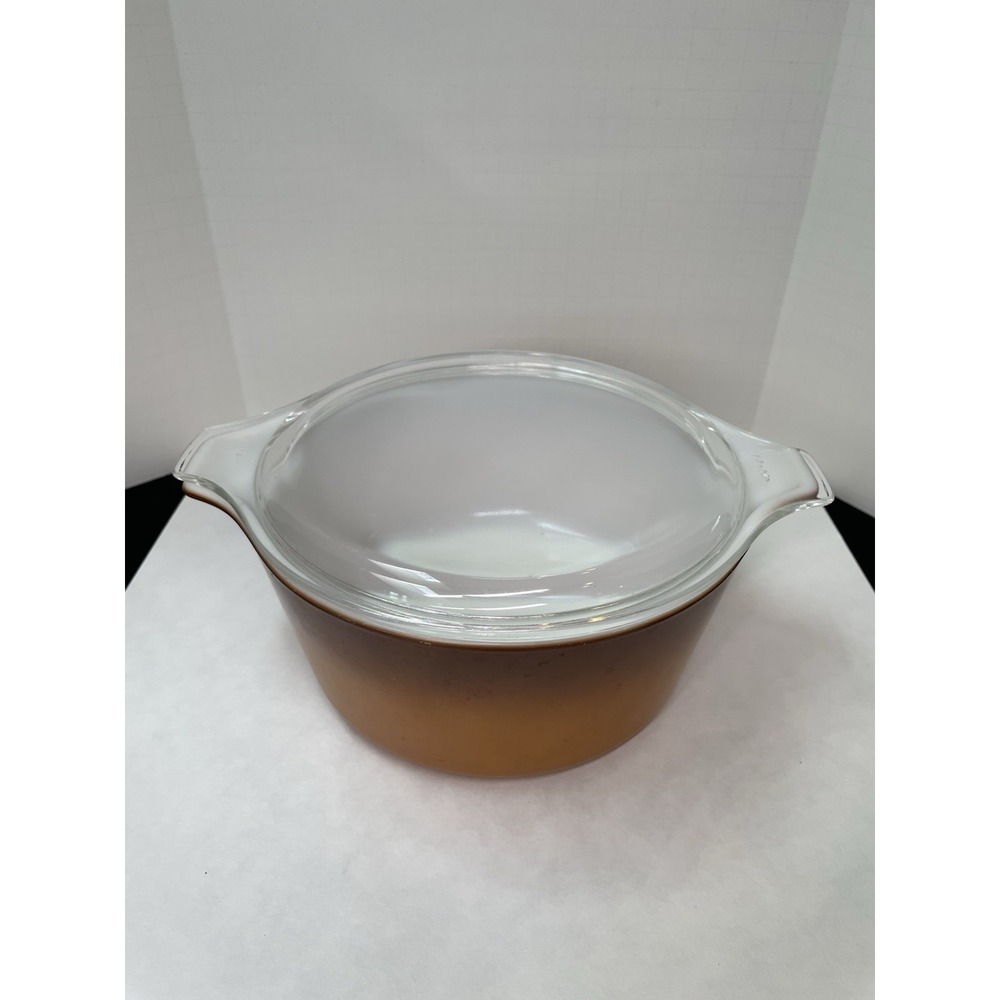 Vintage 1974 Pyrex 1.5 qt Casserole Dish with Lid Old Orchard Brown Butterscotch